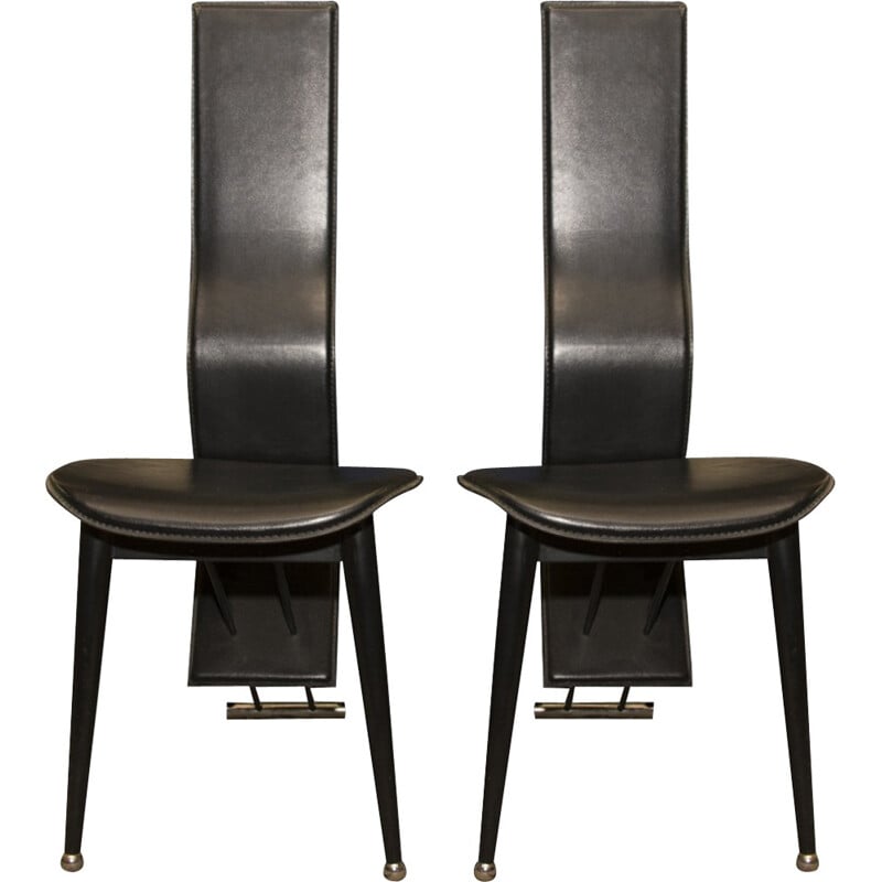 Pair of mid-century vintage leather high-back dining chairs, Italy 1980