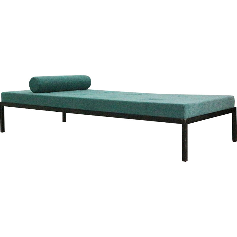 Canapé-lit vintage moderne, tapissé à neuf bleu turquoise - 1960