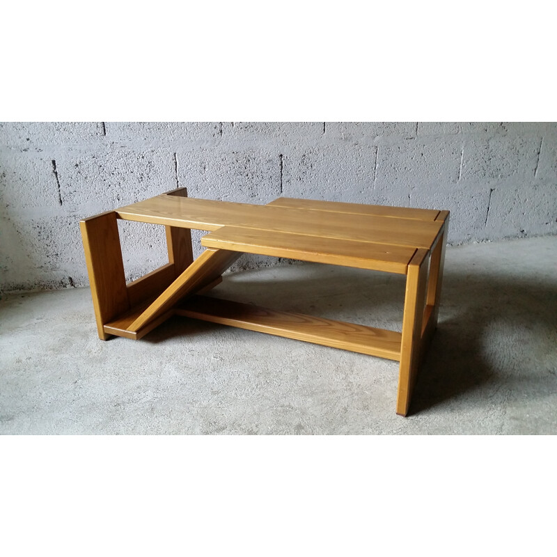 Asymetric elm coffee table by Regain - 1980s