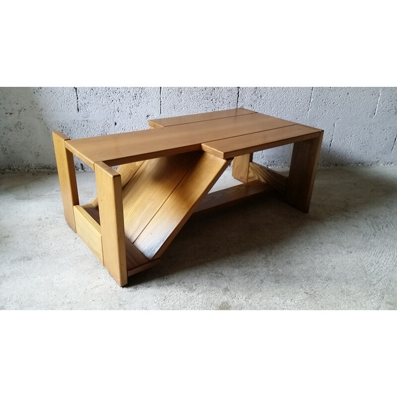 Asymetric elm coffee table by Regain - 1980s