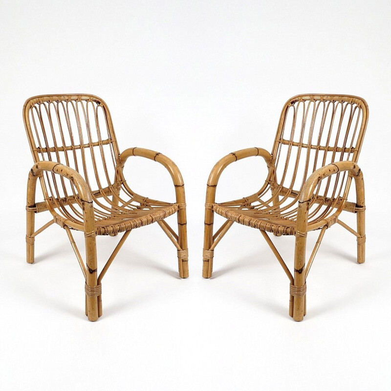 Pair of rattan lounge chairs - 1980s