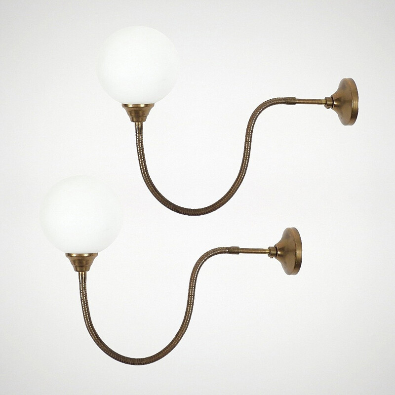 Pair of brass and opaline wall lights - 1950s