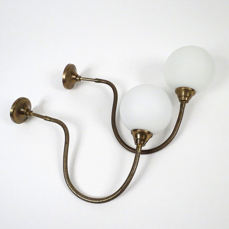 Pair of brass and opaline wall lights - 1950s