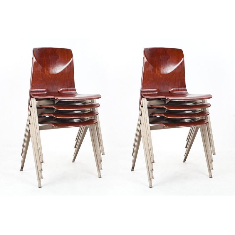 Set of 10 brown Dutch school chairs by Galvanitas - 1960s