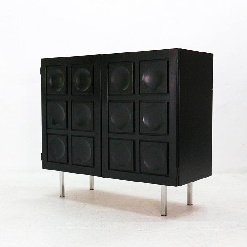 Cocktail black cabinet with framein oak and chromed - 1970s