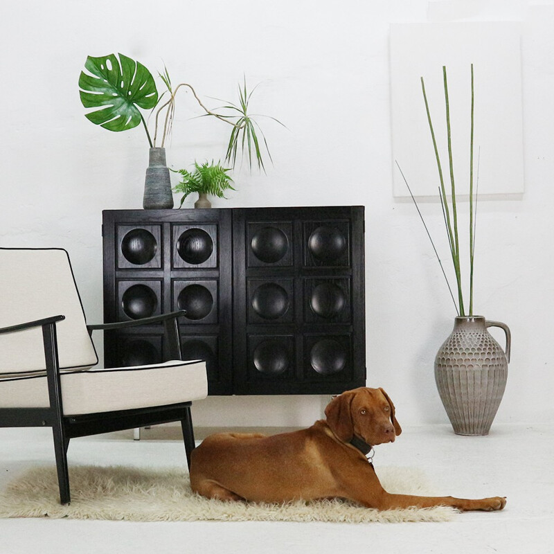 Cocktail black cabinet with framein oak and chromed - 1970s