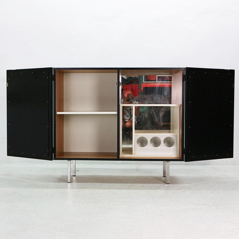 Cocktail black cabinet with framein oak and chromed - 1970s