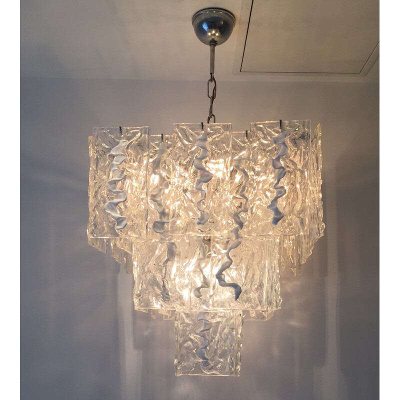 Mazzega white chandelier in Murano glass and brass - 1960s