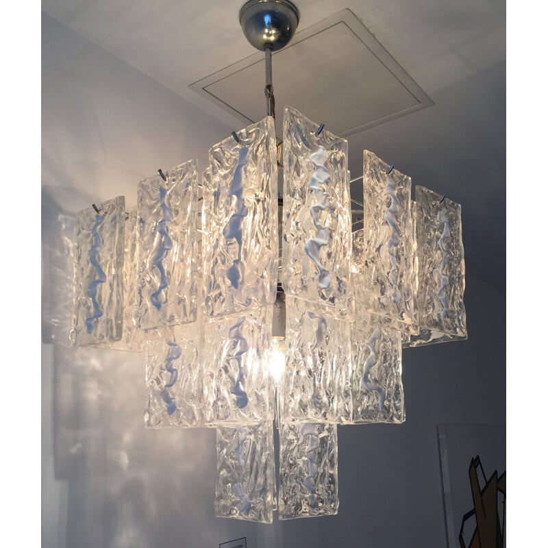 Mazzega white chandelier in Murano glass and brass - 1960s