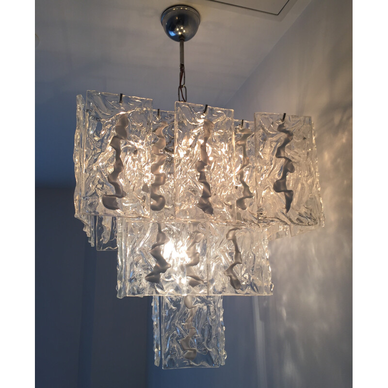 Mazzega white chandelier in Murano glass and brass - 1960s