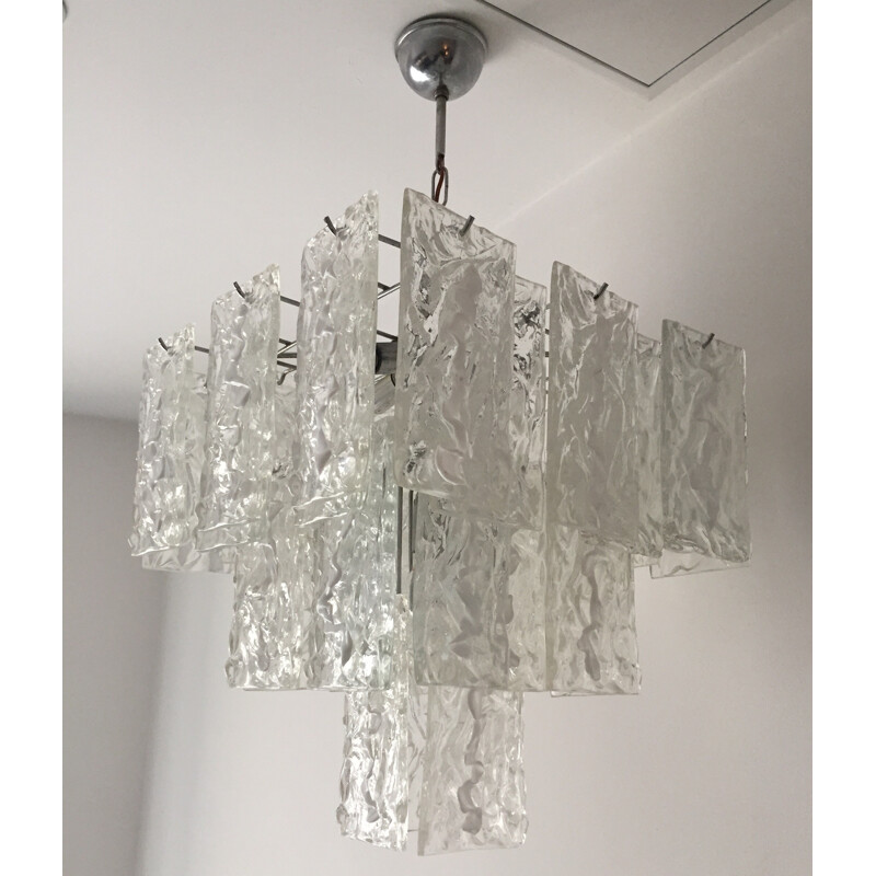 Mazzega white chandelier in Murano glass and brass - 1960s