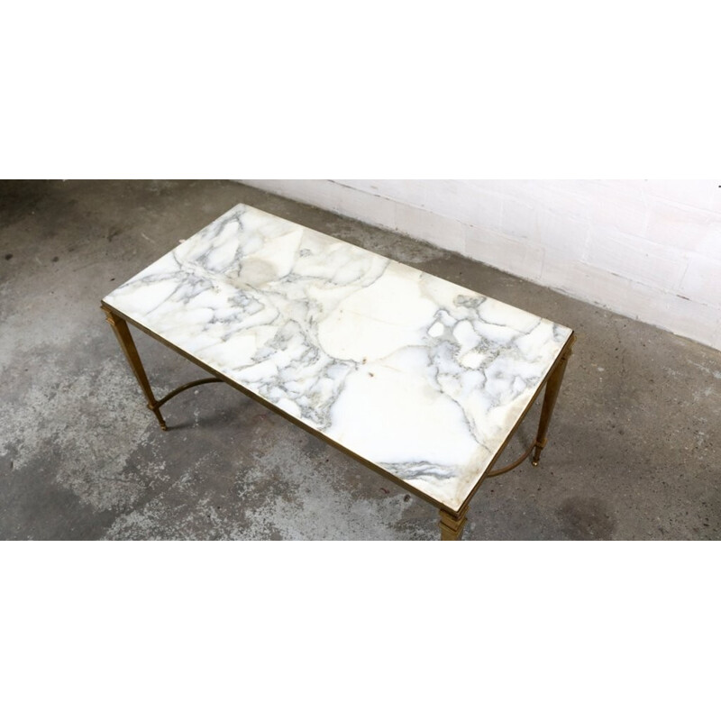 Table basse Maison Jansen blanche en laiton et en marbre - 1970