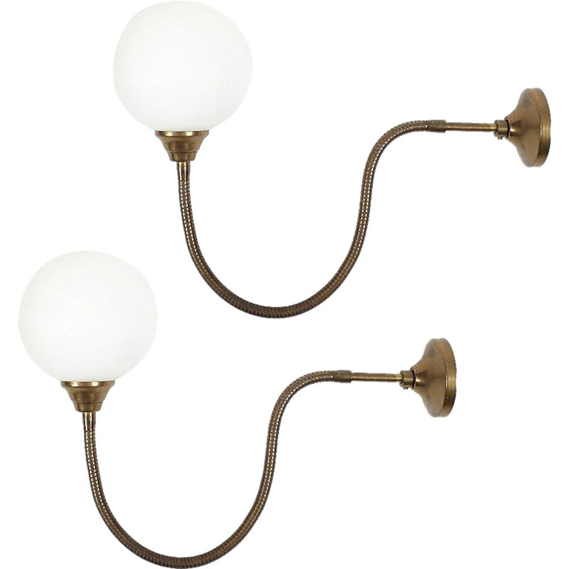 Pair of brass and opaline wall lights - 1950s