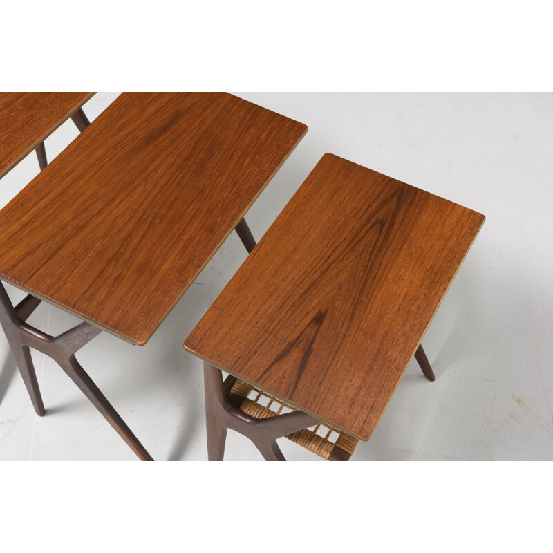 Set of 3 teak and rattan nesting tables by Johannes Andersen - 1960s
