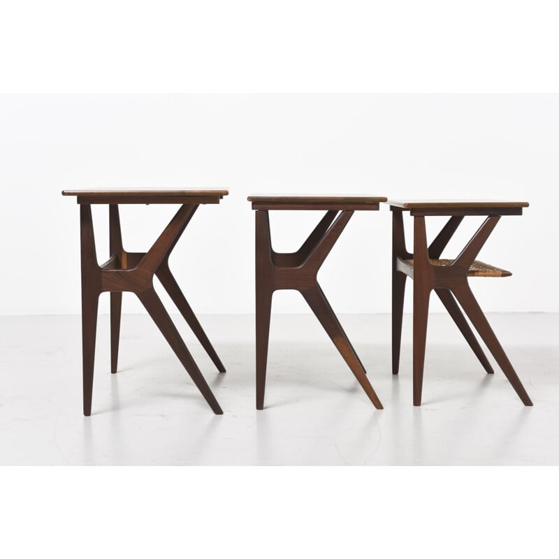 Set of 3 teak and rattan nesting tables by Johannes Andersen - 1960s