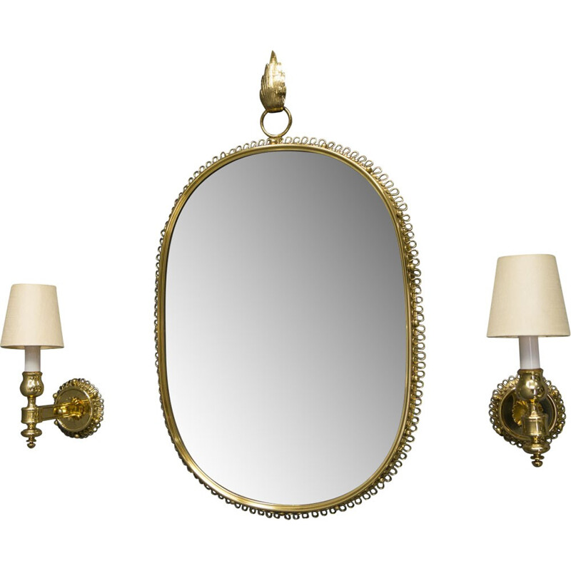 Set of a mirror and a pair of vintage gold sconces by Josef Frank for Svenskt Tenn, 1950
