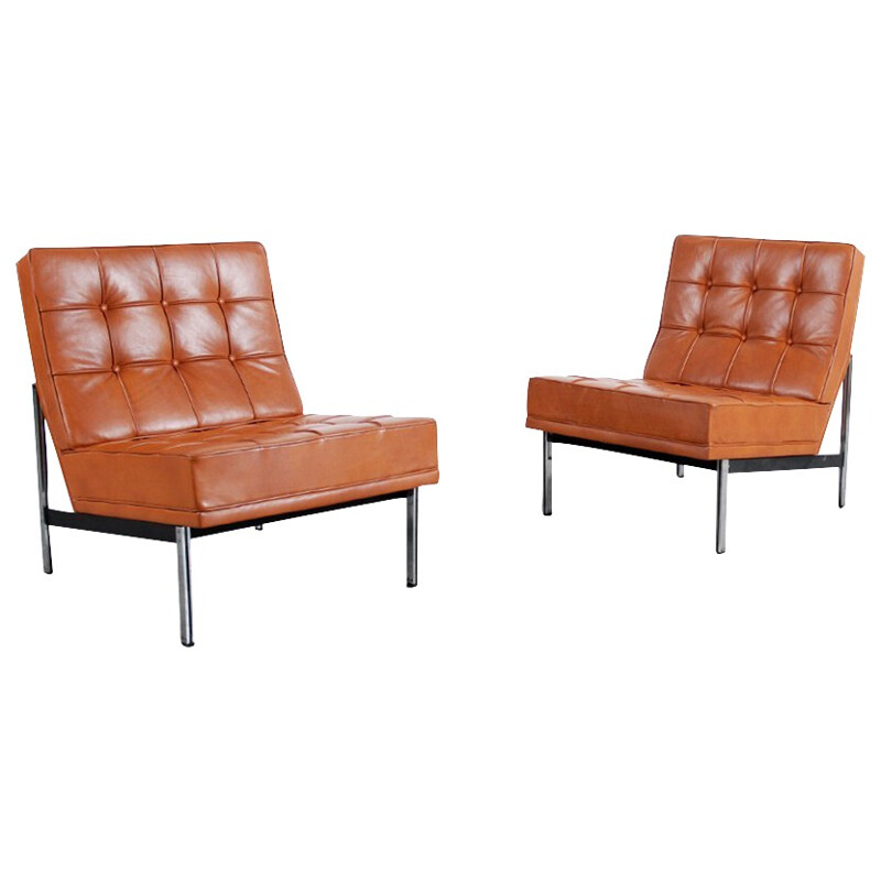 Pair of "Parallel Bar" low chairs in brown leather, Florence KNOLL - 1960s