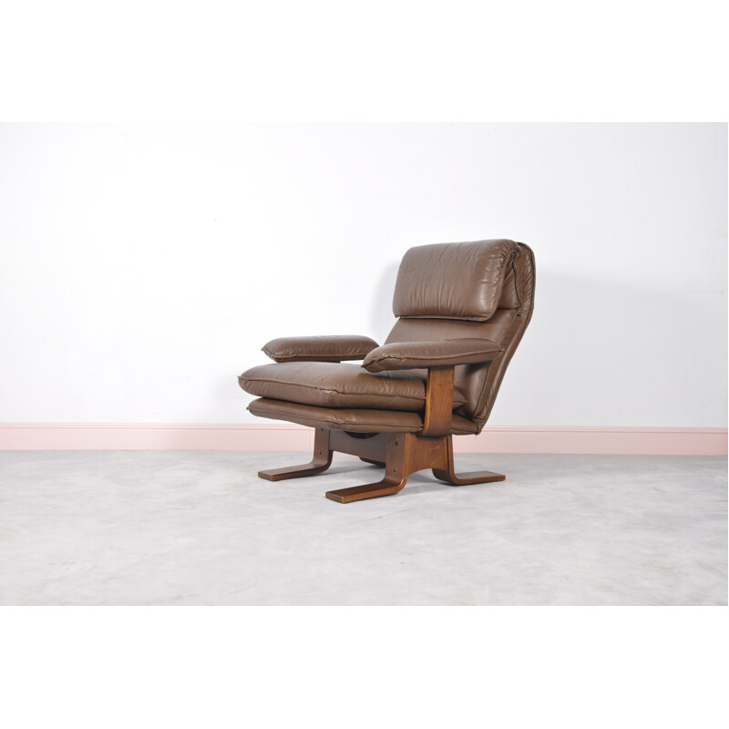 Danish brown leather lounge armchair - 1960s