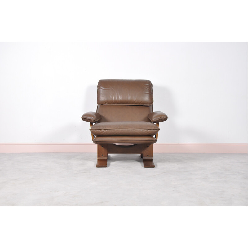 Danish brown leather lounge armchair - 1960s