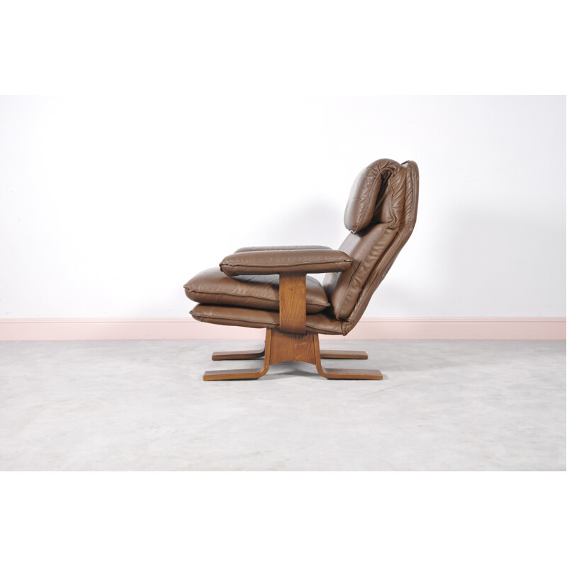 Danish brown leather lounge armchair - 1960s