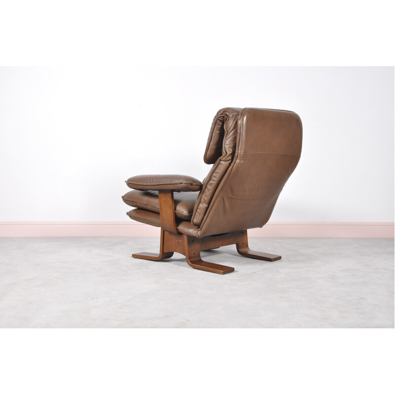 Danish brown leather lounge armchair - 1960s