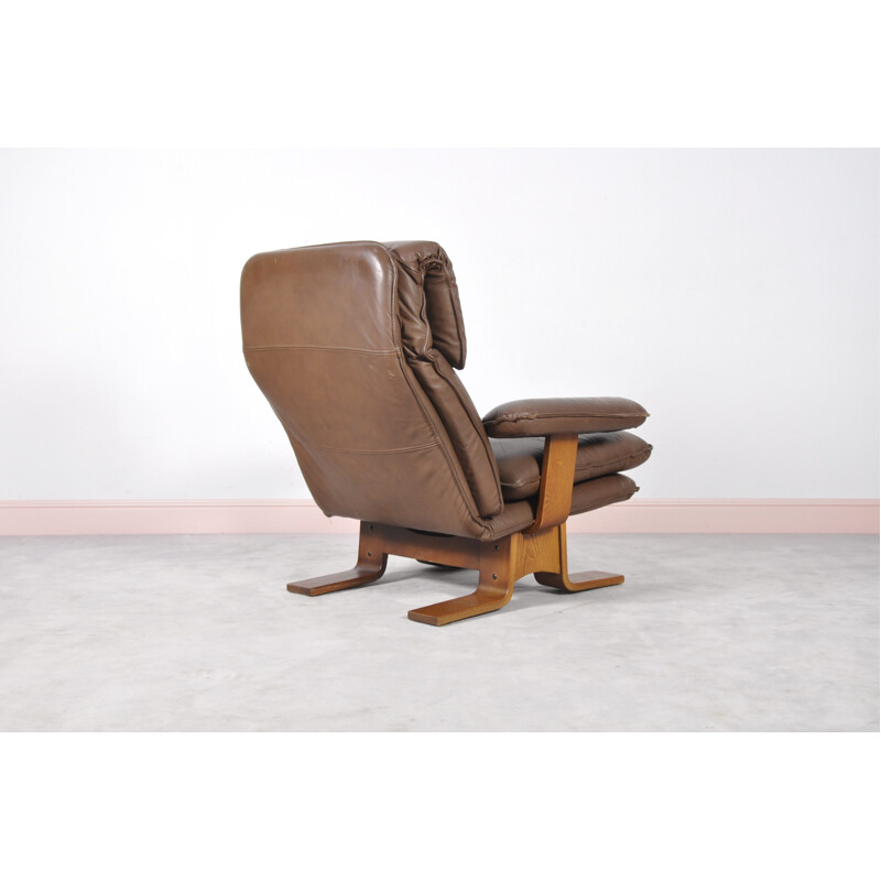 Danish brown leather lounge armchair - 1960s