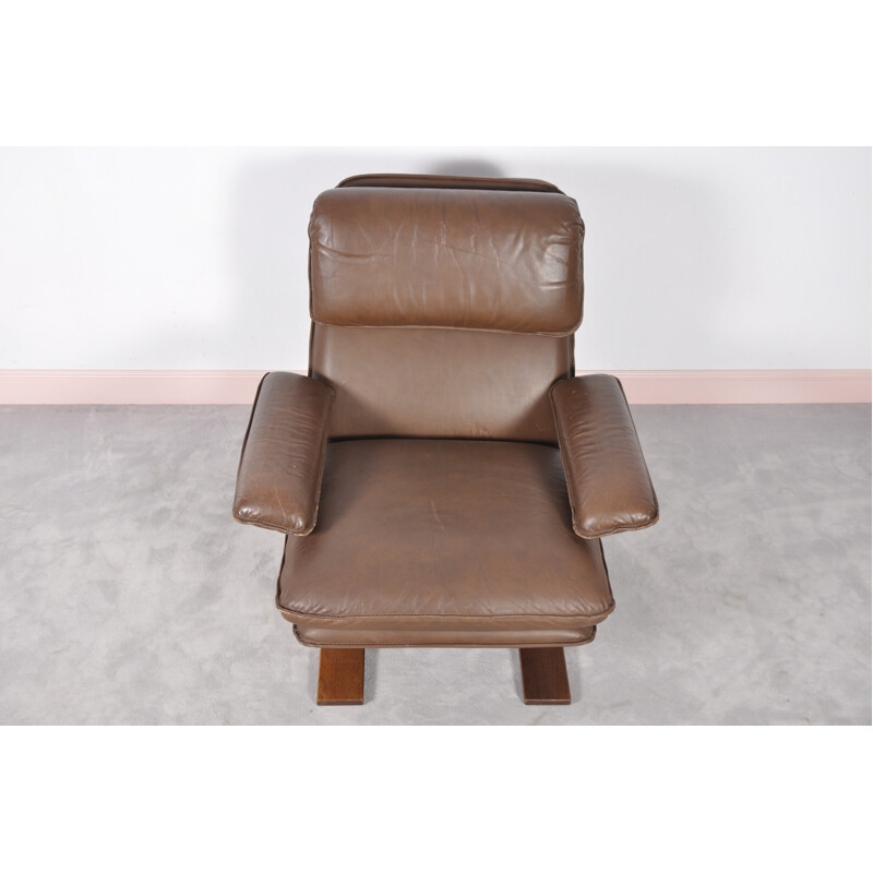 Danish brown leather lounge armchair - 1960s