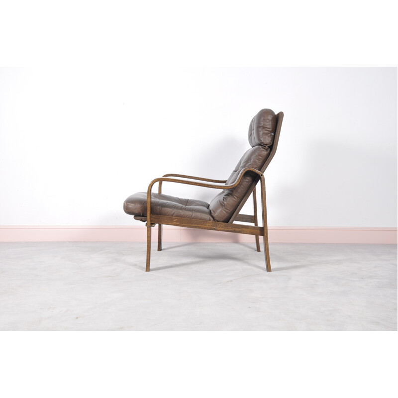 Mid-Century rosewood, Leather & bentwood armchair -  1960s