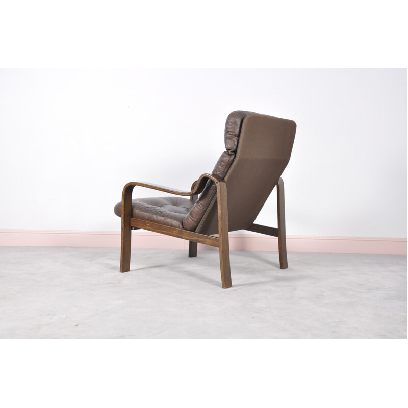 Fauteuil en palissandre, en cuir et en bois courbé - 1960