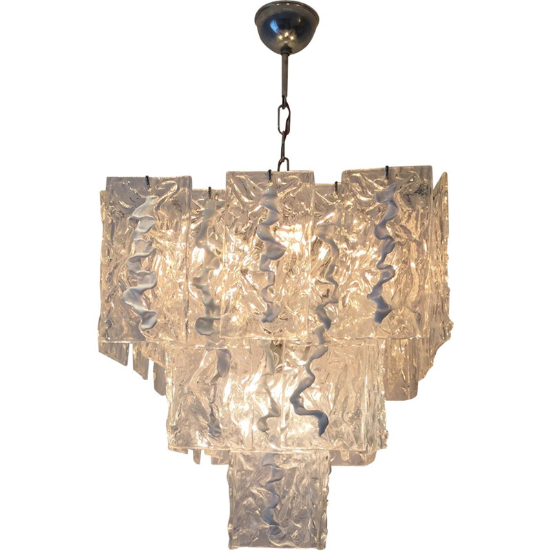 Mazzega white chandelier in Murano glass and brass - 1960s