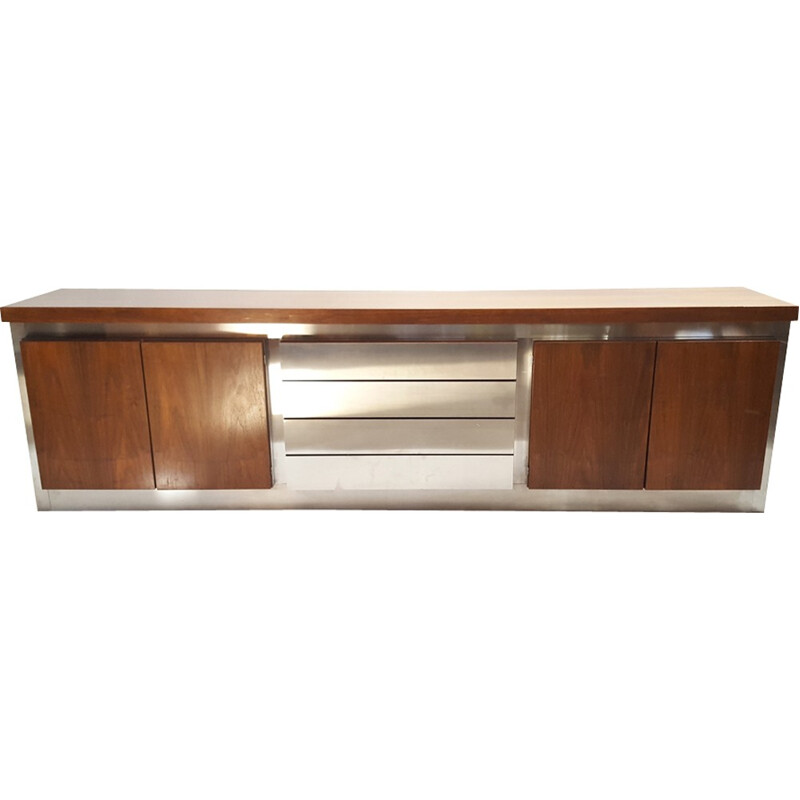 Acerbis wood and stainless steel triple box sideboard - 1970s