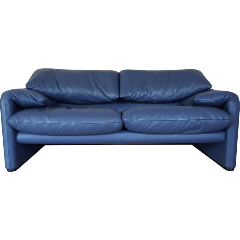 Canapé à 2 places Maralunga bleu en cuir par  Vico Magistretti pour Cassina - 1970