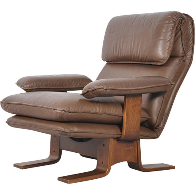 Danish brown leather lounge armchair - 1960s