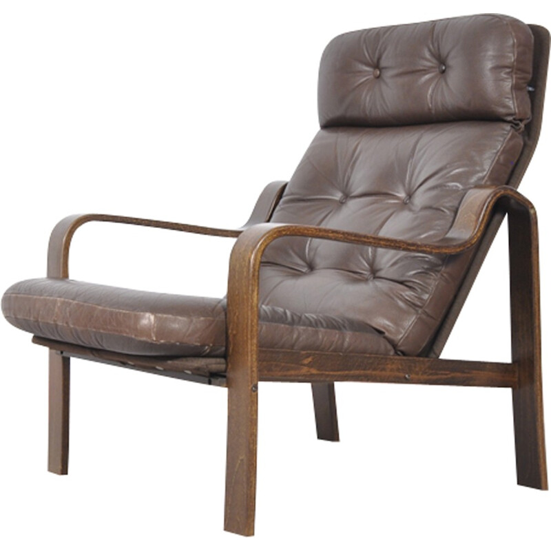 Fauteuil en palissandre, en cuir et en bois courbé - 1960