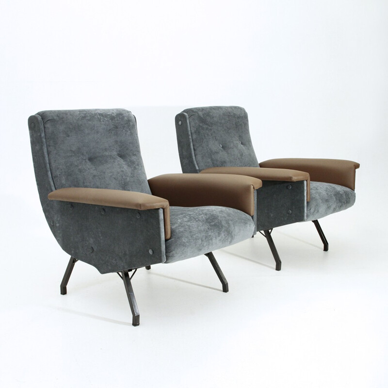 Italian mid century blue-grey armchair with skai armrests - 1950s