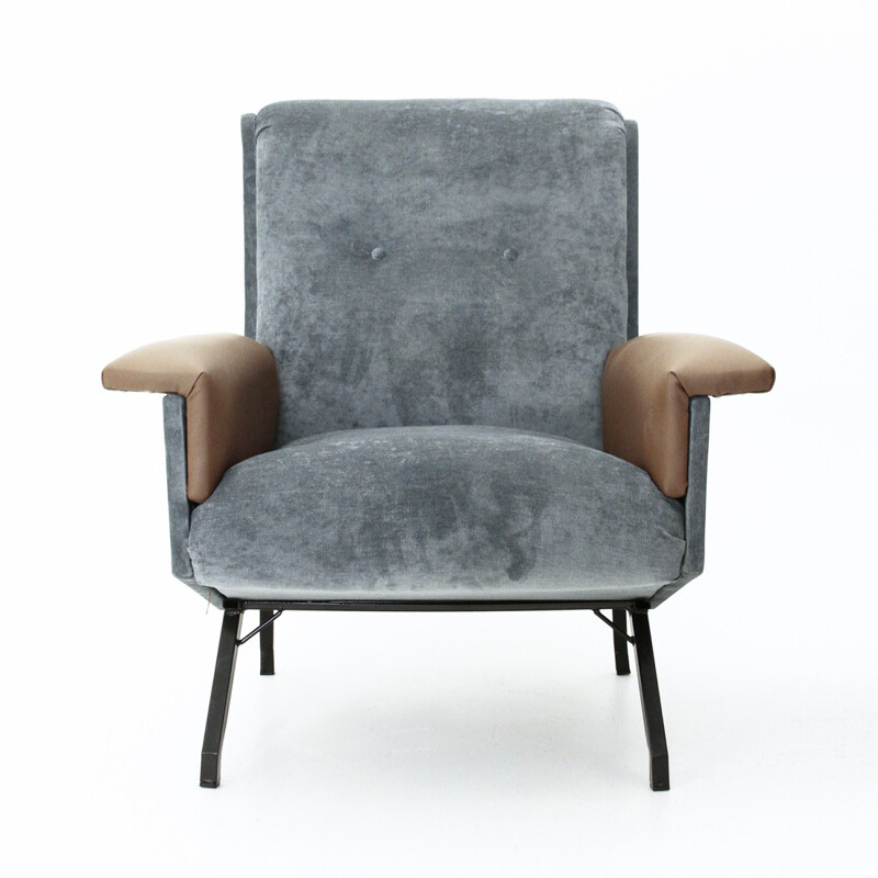 Italian mid century blue-grey armchair with skai armrests - 1950s