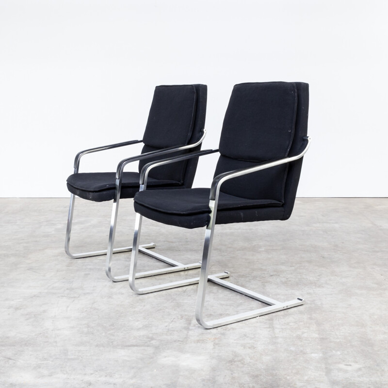 Set of 2 black easy chairs in chromium and leatherette by Walter Knoll - 1970s