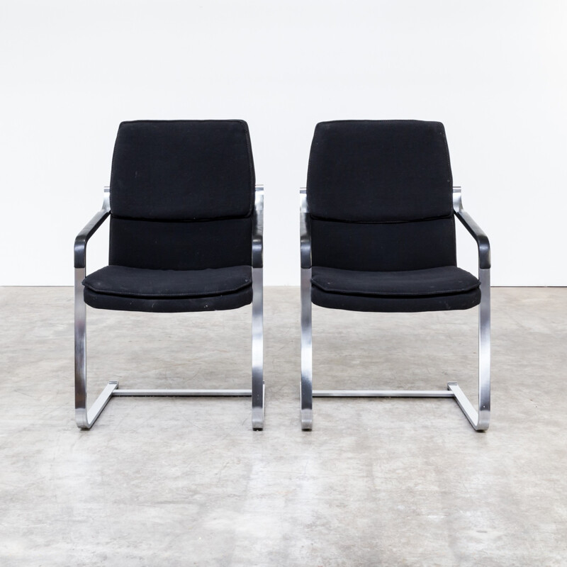 Set of 2 black easy chairs in chromium and leatherette by Walter Knoll - 1970s