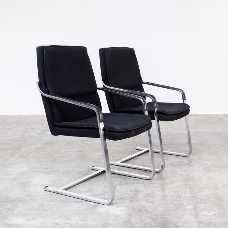 Set of 2 black easy chairs in chromium and leatherette by Walter Knoll - 1970s