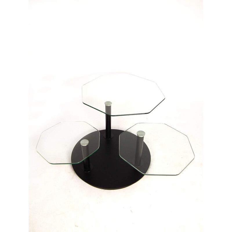 Table basse avec trois plateaux octogonales en verre - 1980