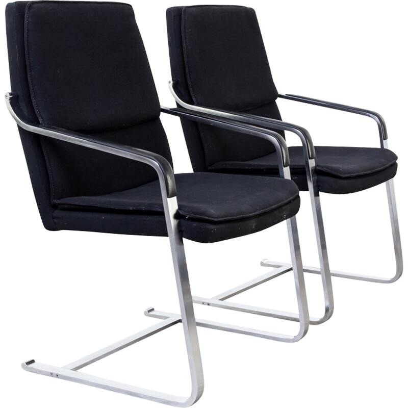 Set of 2 black easy chairs in chromium and leatherette by Walter Knoll - 1970s