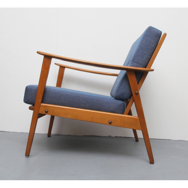 Vintage beechwood blue armchair - 1950s