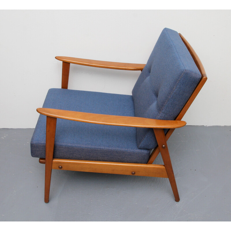 Vintage beechwood blue armchair - 1950s