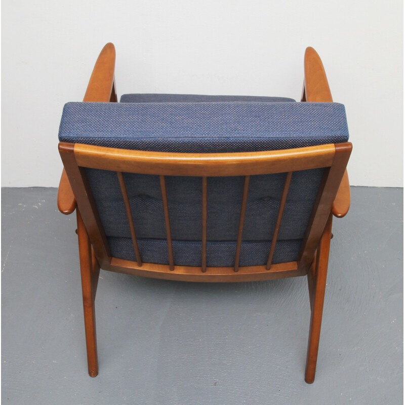 Vintage beechwood blue armchair - 1950s