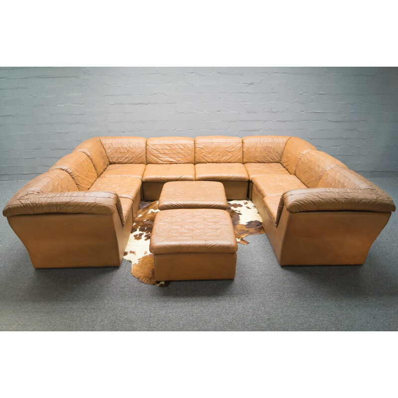 Vintage patchwork sofa set in brown leather - 1960s