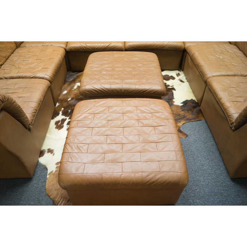 Canapé en patchwork vintage en cuir marron - 1960