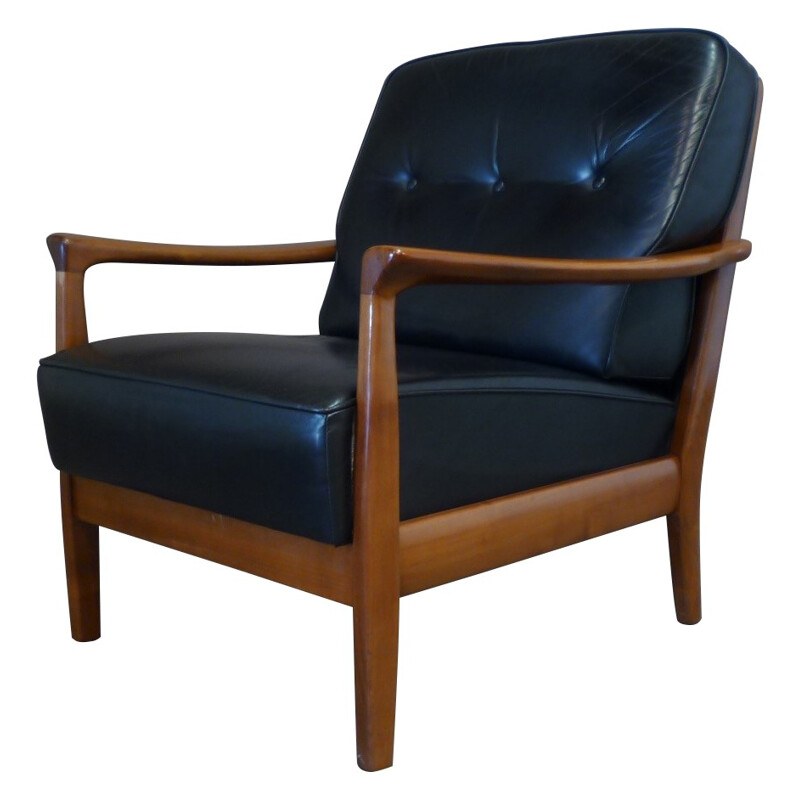 Fauteuil scandinave en cuir et teck - années 50