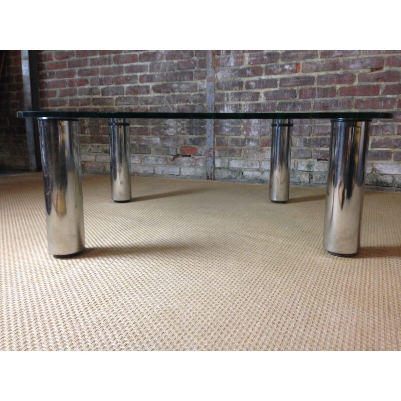 Silvery coffee table in glass and chromium - 1970s