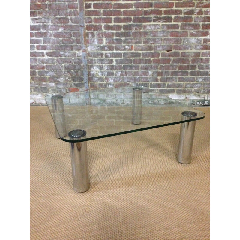 Silvery coffee table in glass and chromium - 1970s