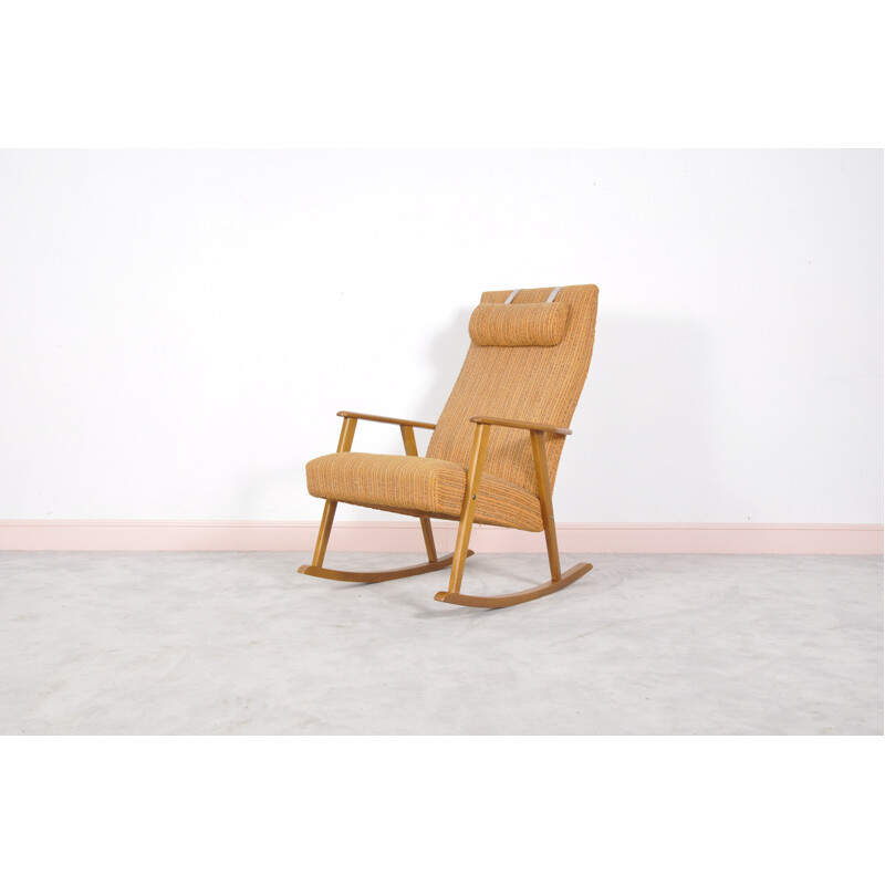 Chaise à bascule suédoise marron en tissu et en bois par Johanson - 1960